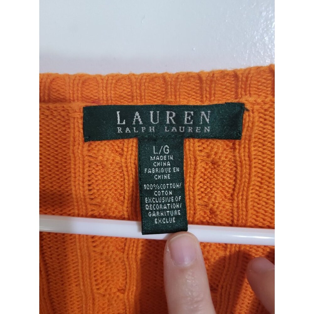 Lauren Ralph Lauren LG V Neck Cable Knit Sweater Tennis Preppy Academia Orange - Picture 4 of 6
